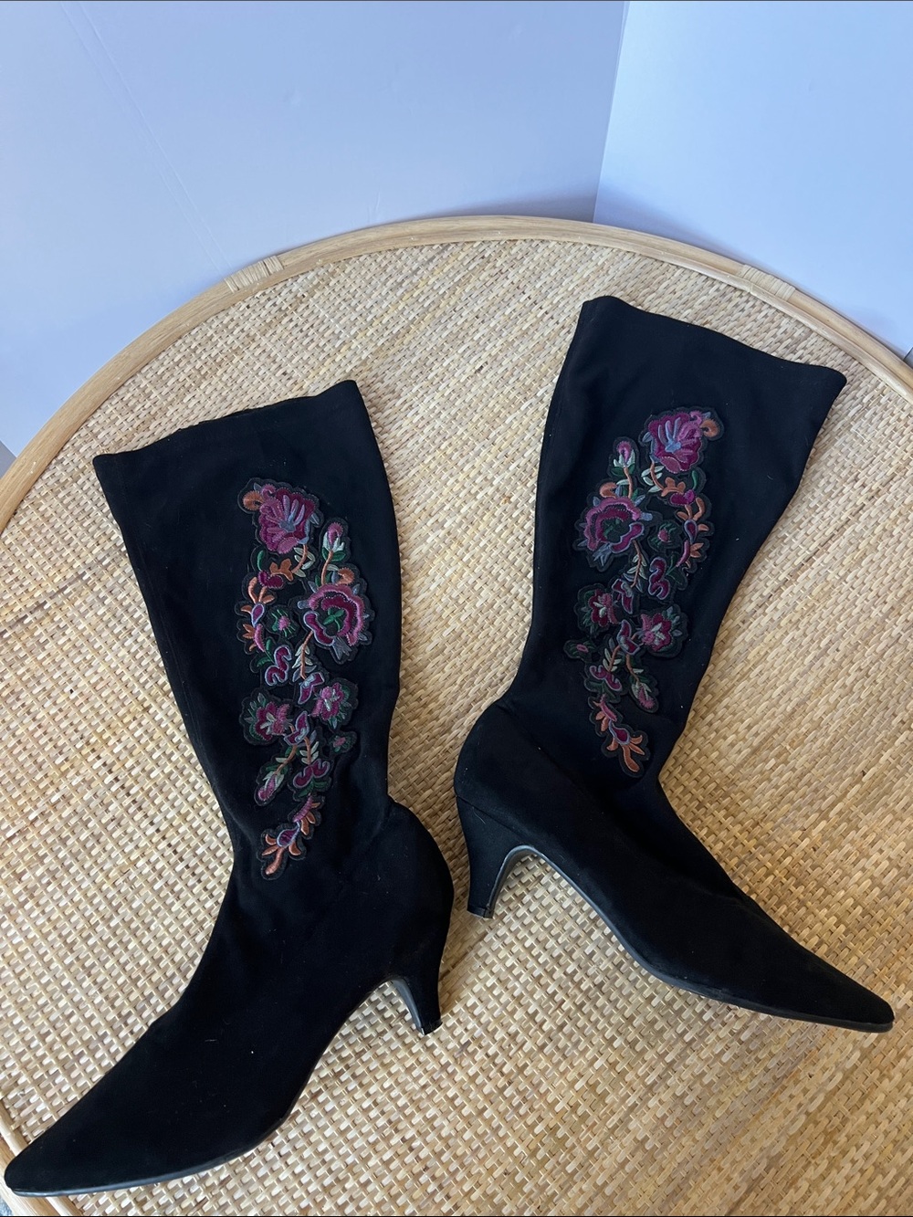 Comfortview Rowen Black Sueded Embroider Floral Whimsigoth Kitten Heel Boot 12